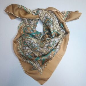 Vintage Silk Paisley Beige Tiquros Scarf Mid-Century Mod Boho Print